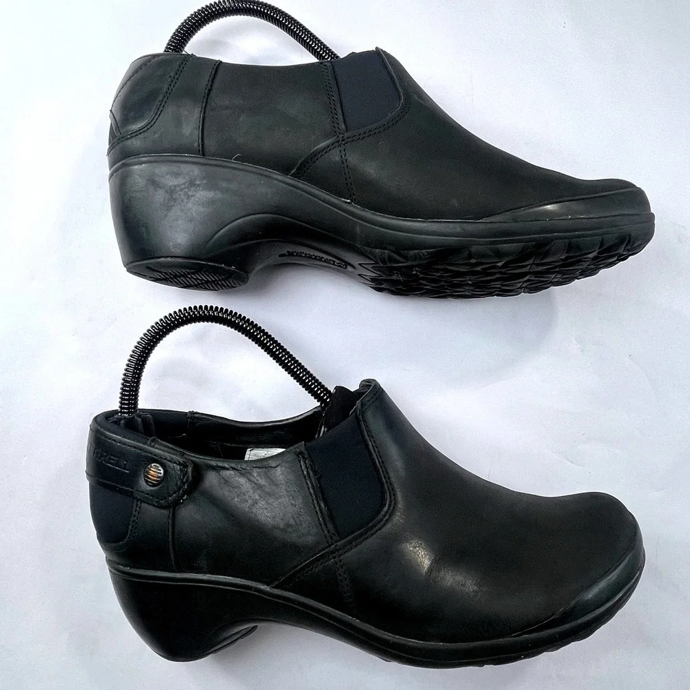 Merrell Veranda Moc Womens 9 Black Leather Slip On Wedge Loafers Comfort Shoes